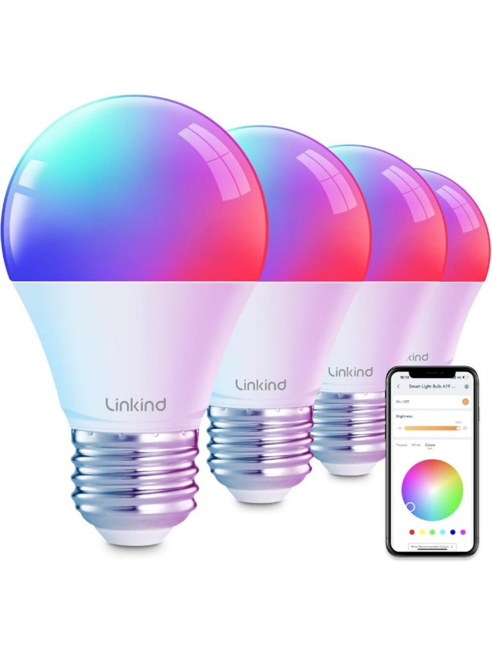 Smart Color Changing LED Light Bulbs, WiFi & Bluetooth, Music Sync, 4-Pack